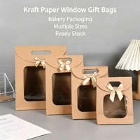 En stock, sac cadeau en papier kraft 260 g/m², boîte d'emballage pour pâtisserie, fenêtre transparente, couvercle à nœud papillon, petit sac cadeau créatif de couleur unie
