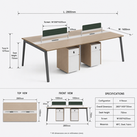 Bureau de travail commercial 4 places avec double plateau, pieds en acier en forme de A, serrure à combinaison et chemin de câbles intégré
