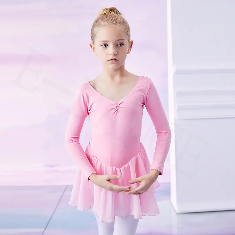 B8003 тренировочное трико из хлопка с длинным рукавом и шифоновой юбкой, балетные платья-пачки для девочек