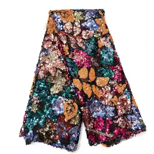 Tela de malla con motivos florales de hojas de lentejuelas coloridas para vestidos de baile, vestidos de noche y tops de encaje