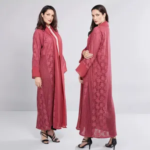 Pakaian Islam abaya terbuka wanita gaun muslim merah lengan panjang depan terbuka styling abaya dengan renda