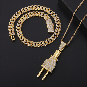 Hip Hop Icy Bling Choker Necklace Jewelry Set Men's Iced Out Gold Plated Rhinestone Diamond <strong>Plug</strong> Pendant With Cuban Link <strong>CHAIN</strong> - Product Image 1