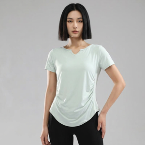 T-shirt de yoga pour femme, col en V, froncé sur les côtés, léger, coupe ample, manches courtes, pour l'entraînement, grandes tailles, Pilates, vêtements de sport, OEM ODM - Product Image 2