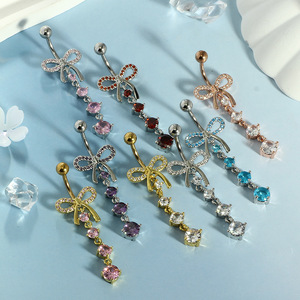 Vente en gros usine : Piercing de nombril sexy pour femme en acier inoxydable 316L plaqué or, micro-<span class=keywords><strong>pavé</strong></span> de zircons colorés, motif nœud - Product Image 2