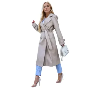 Casaco de trench feminino de alta qualidade com botão duplo, casaco longo de primavera para mulheres, casaco com cinto, casaco de trench para mulheres, Oem
