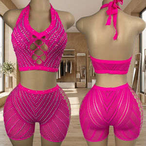 Conjunto de 2 piezas de ropa de baile exótica para salón de baile, traje de stripper de malla con agujeros grandes, cuello halter, cordón umbilical y pedrería (Spandex/Nylon) - Product Image 3