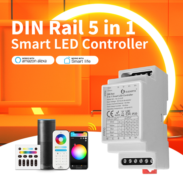 GL-C-011P PWM Din-Rail 5in1 Zigbee LED Controller 5 Channel RGBCCT Smart Dimmer 35mm Rail Breaker DC12-54V 15A