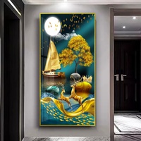 Keanggunan Modern: Dekorasi Dinding Porselen Kristal Modern, Lukisan Gantung Singa dengan Lampu LED
