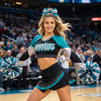 Tenue de cheerleading sportive bleu sarcelle, argent et noir avec strass, haut court à manches longues et jupe pour les compétitions de cheerleading