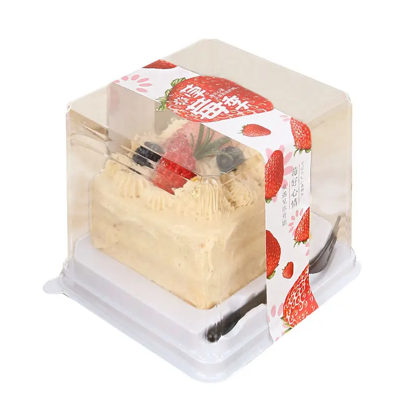 透明な蓋が付いているペストリービスケットの包装箱フォークが付いているベーカリードーナツケーキ箱卸売プラスチック食品正方形ペット材料