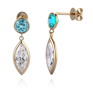 Joyería personalizada de oro de 14 quilates, pendientes colgantes con diamante de laboratorio de 3 quilates con corte marquesa y engaste de bisel, pendiente con zafiro de laboratorio redondo de 1 quilate. - Product Image 2