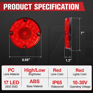 2 feux arrière ronds rouges à 17 LED de 7 pouces avec montage en surface à 4 trous pour camping-cars, camions, remorques, bus, fourgonnettes, étanches IP65 - Product Image 3
