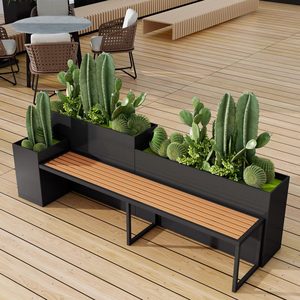 Outdoor Park Bench Combined Mall Planter Box Wrought Iron <strong>Plastic</strong> Wood Bench Customizable Waiting Chair With Flower <strong>Trough</strong> - Product Image 5