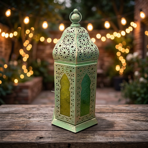Artisan Design Green Etched Iron Colored Candle Lantern Decorative Christmas Easter Ramadan Eid Wedding Valentine's Day Home - Product Image 1