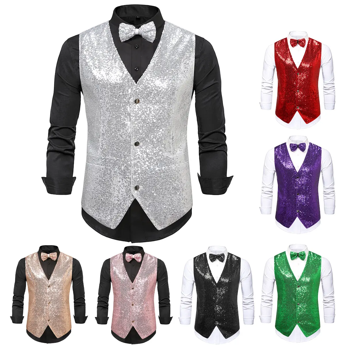 Vestido brillante de lentejuelas Rojas brillantes, chalecos para hombre, chaleco brillante con pajarita para hombre, boda, escenario, fiesta, club nocturno, disfraz