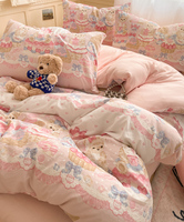 Ensemble de literie en coton pur lavé, directement de l'usine, 4 pièces, motif de dessin animé mignon, couleur unie, housse de couette, adolescents, enfants, en vrac