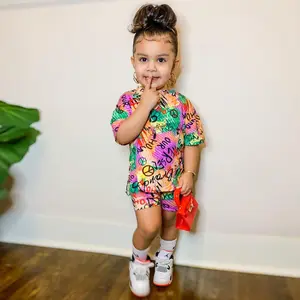 Zomer All Over Print Graffiti High Street T-shirt En Shorts Peuter Kinderen Casual Boutique Kleding Sets 2 Stuks Outfits Voor meisjes