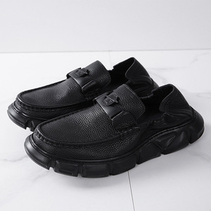 Chunky Loafers Men Genuine Leather <b>Round</b> Toe Slip-On <b>Cushioned</b> All Seasons Black Casual Shoes - Product Image 3