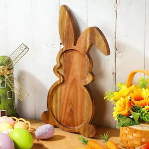 Plateaux de service en bois en forme de lapin, plateau de service en forme de lapin de Pâques pour fête de pendaison de crémaillère, décoration rustique de printemps - Product Image 4