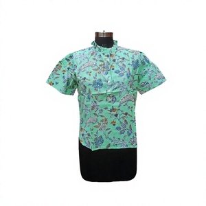 Camisa de Vestir Estilo Coreano Vintage para Mujer, con Botones, Cuello Alto, Mangas Abullonadas, Estampado Digital, 100% Algodón Ecológico - Product Image 1