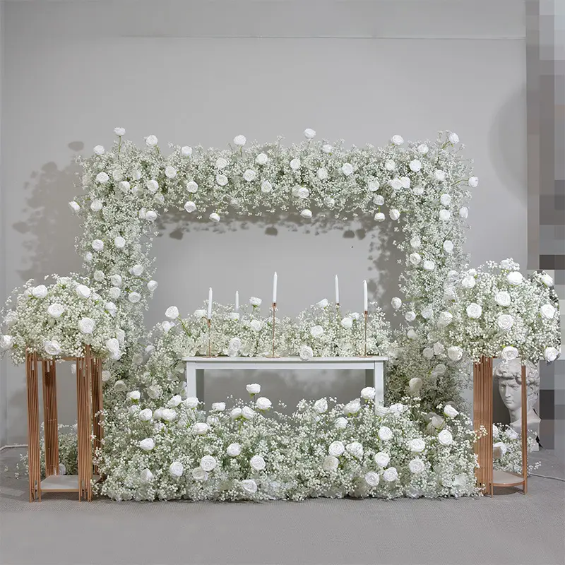 नई व्यवस्था रिसेप्शन मून गेट स्टेज की पृष्ठभूमि शादी की सजावट के लिए कृत्रिम फूलों की शादी मेहराब