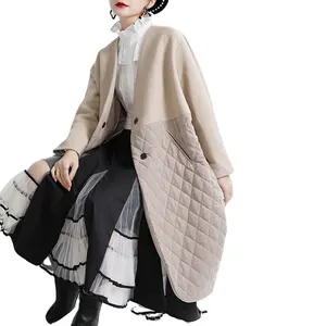 Winter 2023 New Niche Design Stylish Simple Patchwork Winter Jacket Woman Cotton V neck Loose Wool Against Color Cotton Coat