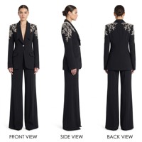 Costume pantalon de luxe noir en velours anti-plis et respirant pour femme, avec broderie dorée, blazer à bouton unique, coupe large, personnalisable OEM/ODM