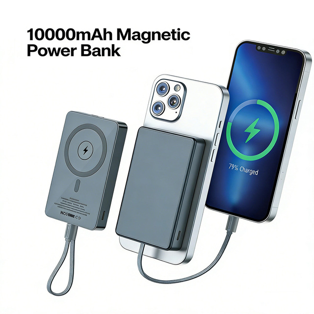 Magnetic 10000mAh Power Bank PD 20W Fast Charging Built-in Type-C Cable 15W Wireless Slim Charger