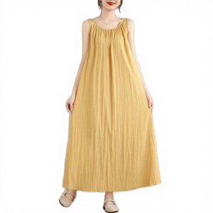 Yellow Sleeveless Loose Maxi Dress O-Neck Solid Woven Casual Summer Breathable Women's Dress - Product Image 3