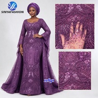 Tissu en dentelle Sinya de luxe, 5 yards, fait main, perlé, à sequins, bleu roi, broderie lourde, en tulle, pour robe de mariée africaine ou de soirée