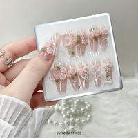 Lot de 10 faux ongles artisanaux tendance, forme cercueil moyenne, design français, avec décoration croix diamant rose, en PMMA, couvrance totale