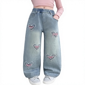 Girls High <b>Waist</b> Wide Leg Heart Patch Denim <b>Jeans</b> Loose Fit Y2K Style Summer Colored Casual for Kids XS-XL - Product Image 1