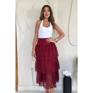 Falda Midi de Encaje Borgoña con Capas, Cintura Alta, Tela Suave para Mujer - Product Image 2