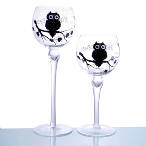 Hand Painted Bat and <strong>Owl</strong> Glass <strong>Candle</strong> <strong>Holder</strong> with Bead for Hallows' Day - Product Image 1