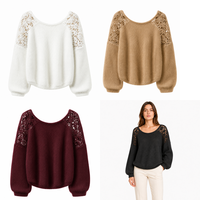 Pull en laine 100 % sans couture OEM pour femme, avec épaules en dentelle, manches lanternes ajourées, 4 couleurs