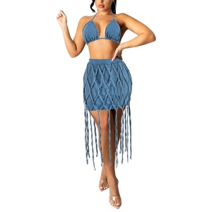 ชุดกระโปรงผ้ายีนส์แบบผูกคอแขนกุดลายตารางสำหรับผู้หญิงแฟชั่นขายดี - Product Image 1