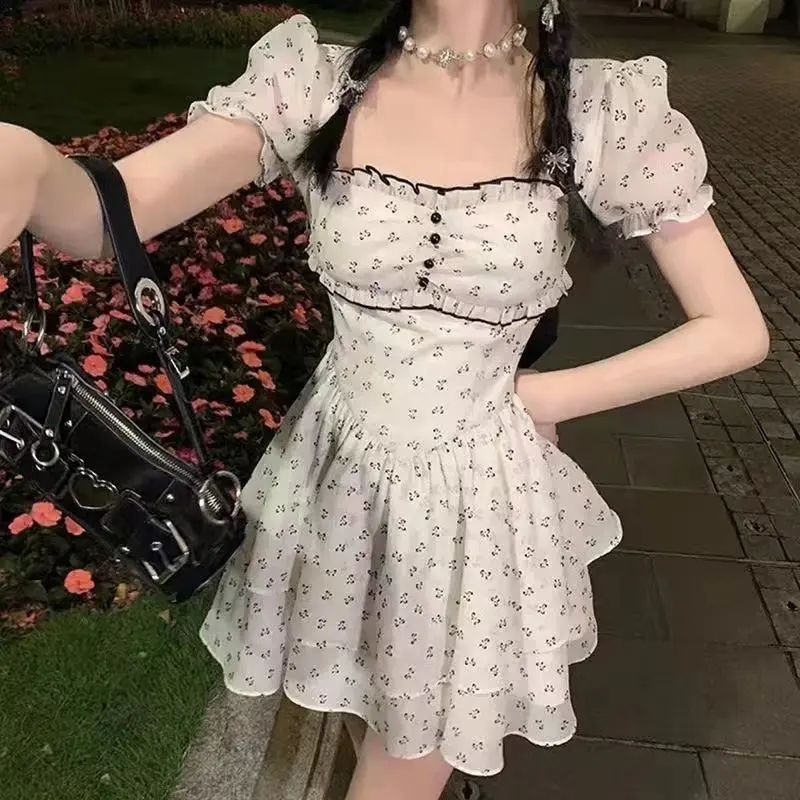 Bow Knot Dress 2022 Summer Sweet and Cute Hot Girl Wind Leaky Back Puff Sleeves U-Neck Ladies One Piece Dress