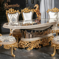 Ensemble de table à manger ovale de luxe en bois massif sculpté à la main, style palais royal français, avec 6 chaises, finition or blanc