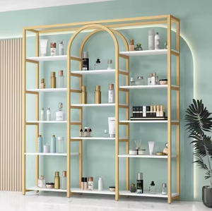 Precio al por mayor Salón de belleza tienda <span class=keywords><strong>Barber</strong></span>ía Gabinete de almacenamiento Estante de exhibición Estante de piso de hierro de madera con LED - Product Image 2