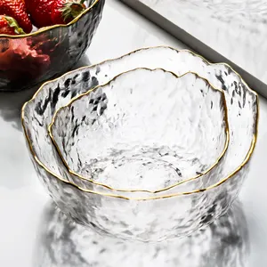 Glass Breakfast Fruit Salad Mixing Bowl With Golden Rim Irregular Dessert Sweet Noodle Soup Serving Bowls Restaurant Dinnerware