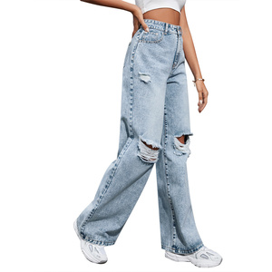 Pantalon cargo en <span class=keywords><strong>jean</strong></span> <span class=keywords><strong>taille</strong></span> <span class=keywords><strong>haute</strong></span> respirant et personnalisé pour femme, coupe droite, jambe large, déchiré, style décontracté et ample - Product Image 5