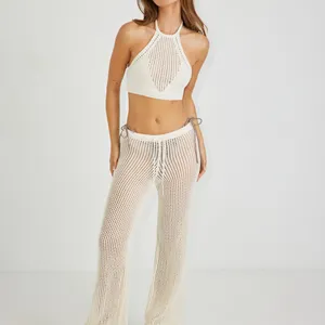 Tasarımcı yaz kadın kazak pantolon seti özel Hollow Out örgü kırpma üst ve geniş bacak pantolon ikiz Set kadın kazak setleri