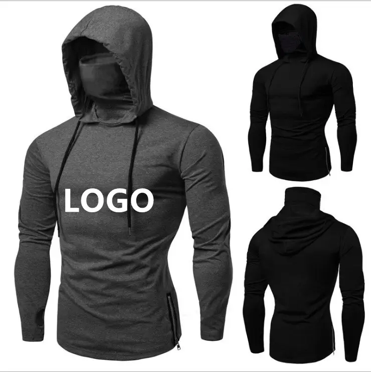 Custom Logo New Fashion Long Sleeve Jersey Face Cover Slim Fit Blank Men's Vintage Black T Shirts with Hood