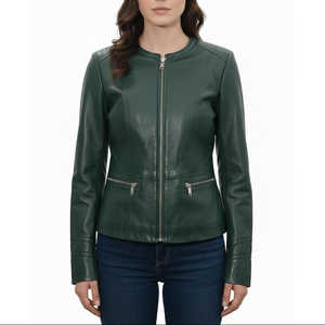 <b>Women</b> Custom Fit Handcrafted Grey Sheepskin Leather <b>Collarless</b> <b>Jacket</b> – Elegant Sleek Minimalist Edition - Product Image 1