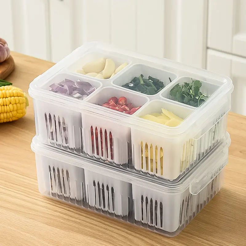 キッチン6コンパートメント野菜冷蔵庫収納ボックス蓋付き食品グレードプラスチックオニオンジンジャーガーリッククリスパー