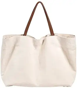 Pamuk kanvas Tote çanta kullanımlık bakkal alışveriş DIY hediye keseleri 12OZ büyük pamuklu çanta ile deri kayışlar ve iç fermuarlı cebi