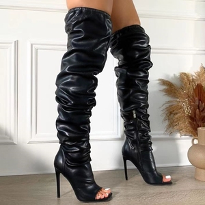 Bottes plissées tendance pour femme, à bout carré ouvert, avec fermeture éclair latérale, talon fin et haut, montantes au-dessus du genou, grande taille 43 - Product Image 4