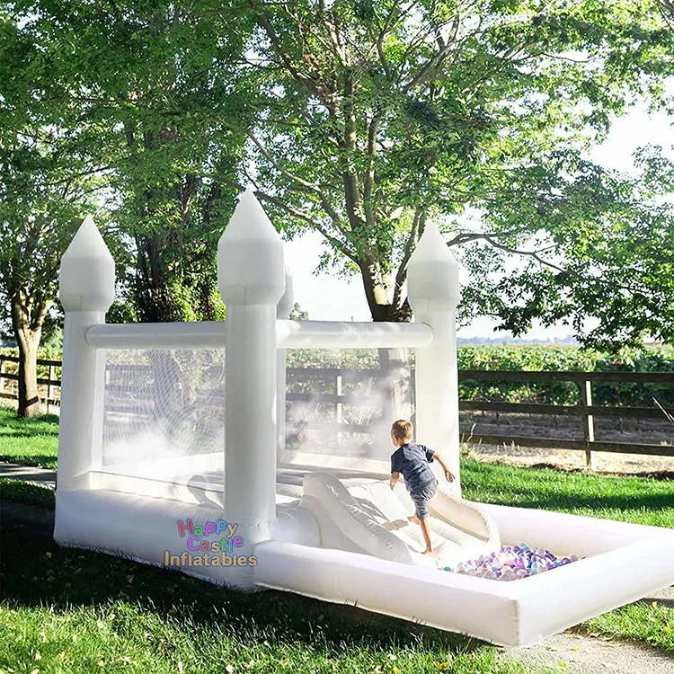 White bouncing jumping castle kids commercial castillo inflable with ball pit and balloons decorations