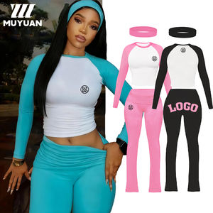 Conjunto de 2 Piezas de Ropa de Salón para Mujer, Top Corto de Manga Larga, Pantalones Acampanados con Pliegues, Diadema, Spandex/Algodón, Ajuste Casual y Delgado - Product Image 1