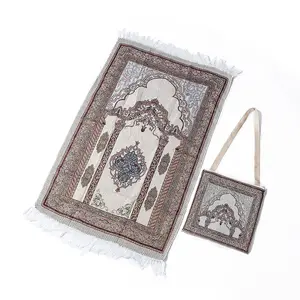 Mosque Modern Soft Knotted Silk Sejadah Set Travel Islamic Portable Prayer Mat With Bag